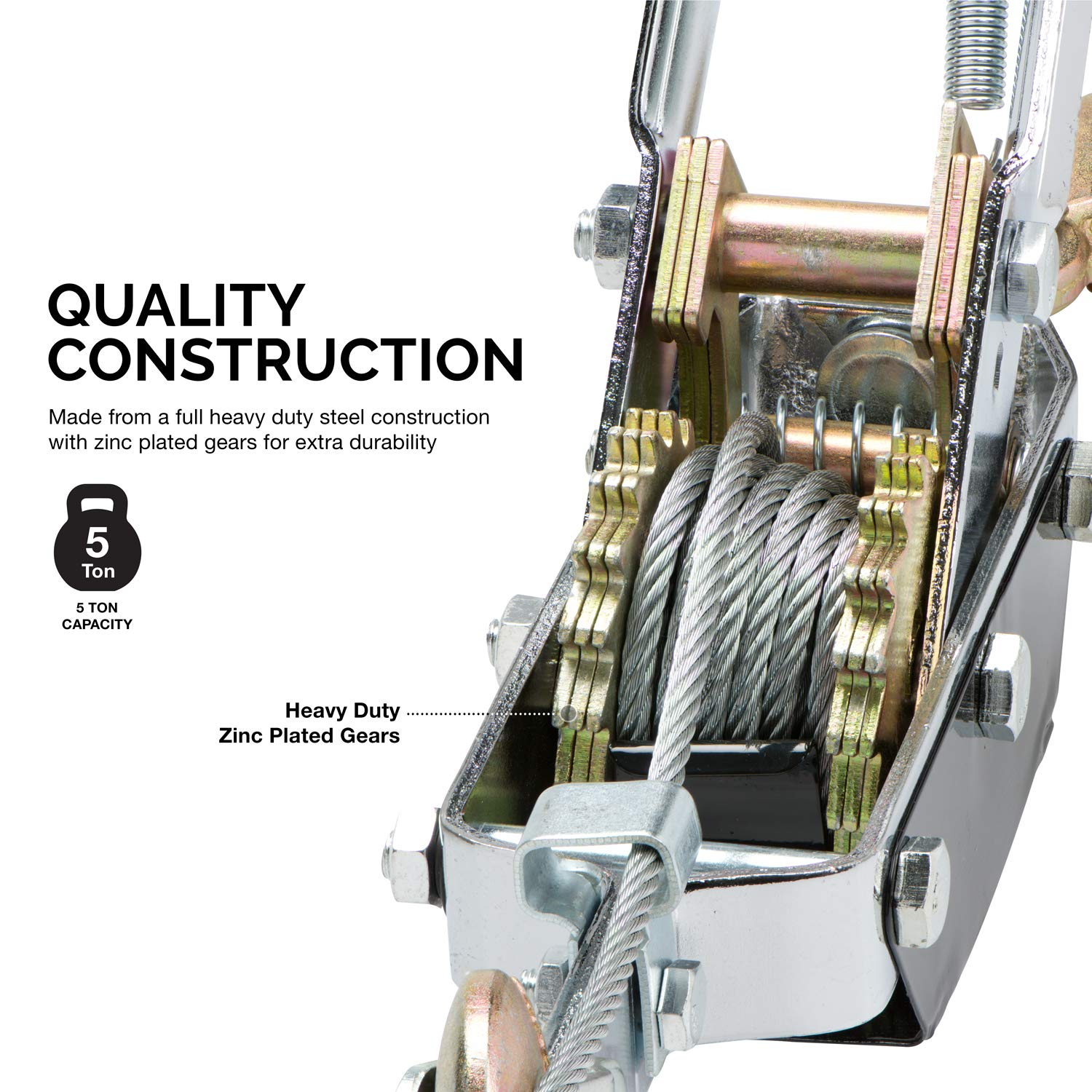 02256A Come Along Winch, 5-Ton (10,000 Lbs) Pulling Capacity, 10Ft, 3 Hook, Heavy Duty Power Cable Come Along Tool