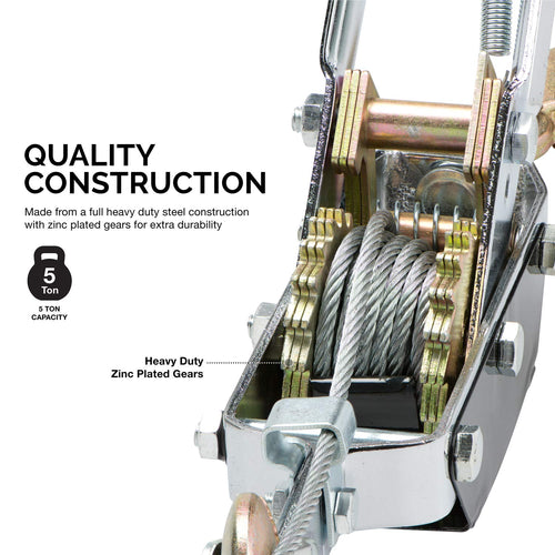 02256A Come Along Winch, 5-Ton (10,000 Lbs) Pulling Capacity, 10Ft, 3 Hook, Heavy Duty Power Cable Come Along Tool