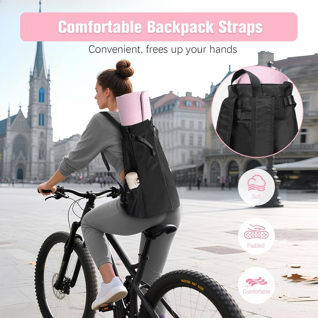 Yoga Mat Bag, Adjustable Yogamat Blocks Carrier with Backpack Straps and Side Pockets, Top-Opening Yoga Backpack for