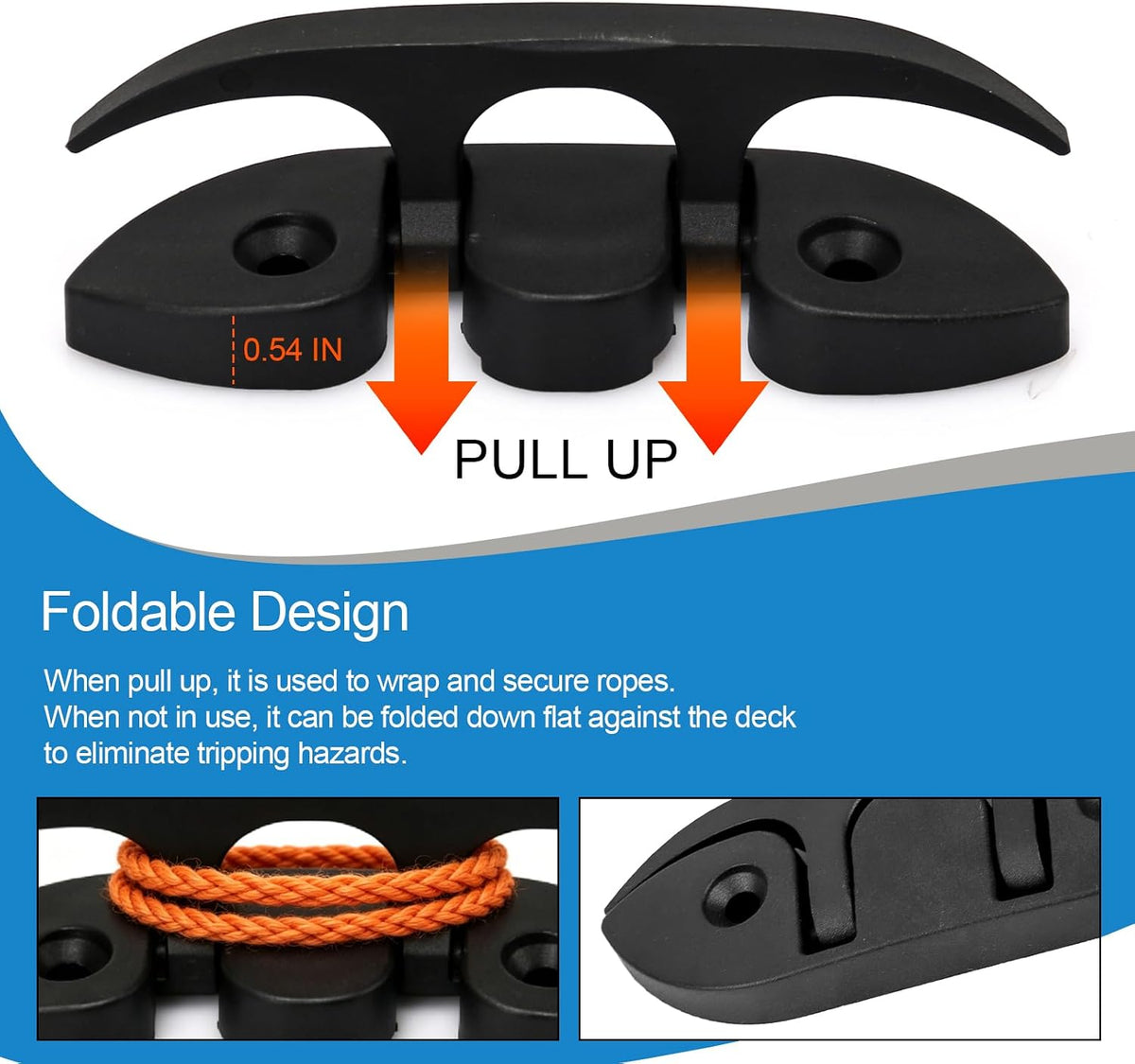 5" Folding Boat Cleat, Flip-up Boat Cleat, Nylon Pop-up Boat Cleat