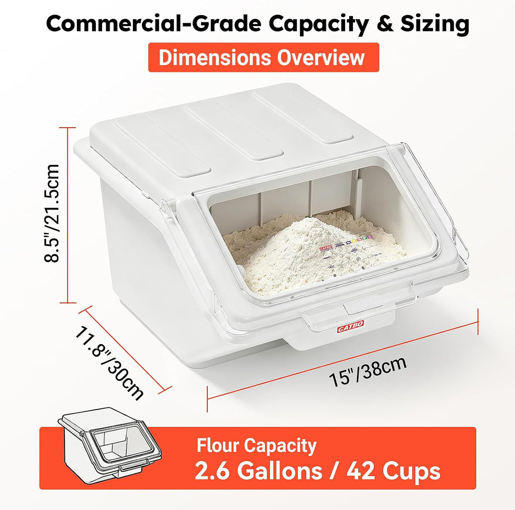 2.6 Gallon / 42 Cup Commercial Shelf Ingredient Bin with Scoop, Stackable Food Storage Container with Clear Flip Lid
