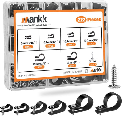 222PCS Cable Clips Wire Clips Assortment Kit Nylon Plastic R-Type Cable Clamps 6 Sizes (3/16'' 1/4'' 3/8'' 1/2''