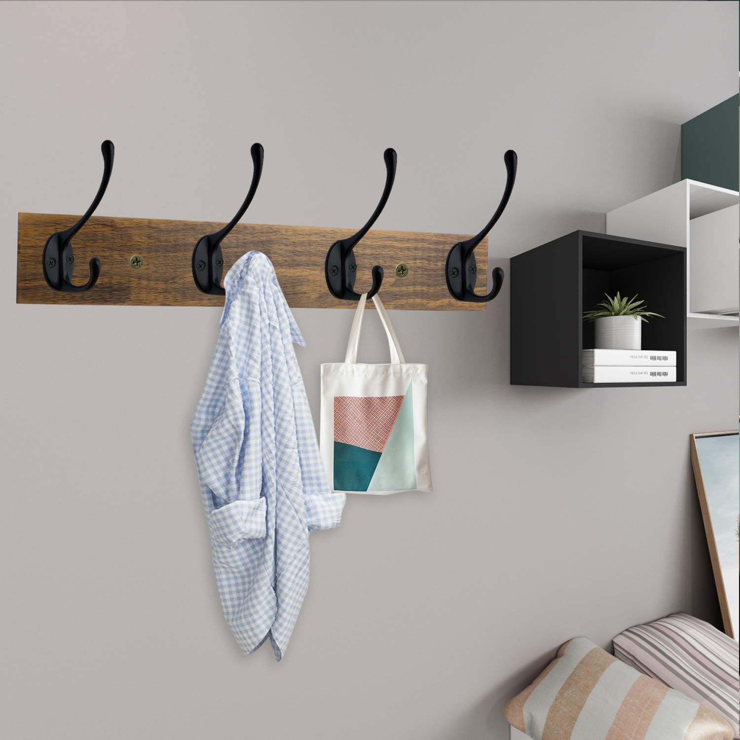 Wall Mounted Coat Rack, Entryway Hanging , Metal Wood Rack with 4 Black Literary Rustic Hooks Rail for Scarf, Bag