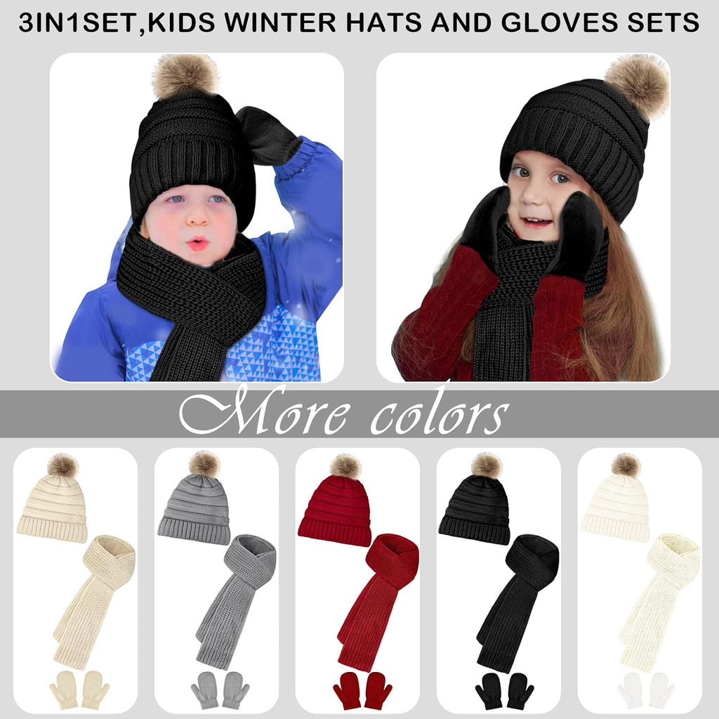 Kids Winter Hats Gloves Scarf Set Baby Mittens Gloves with Pompom Baby Winter Hat Toddler Beanie Hat for Boy Girl