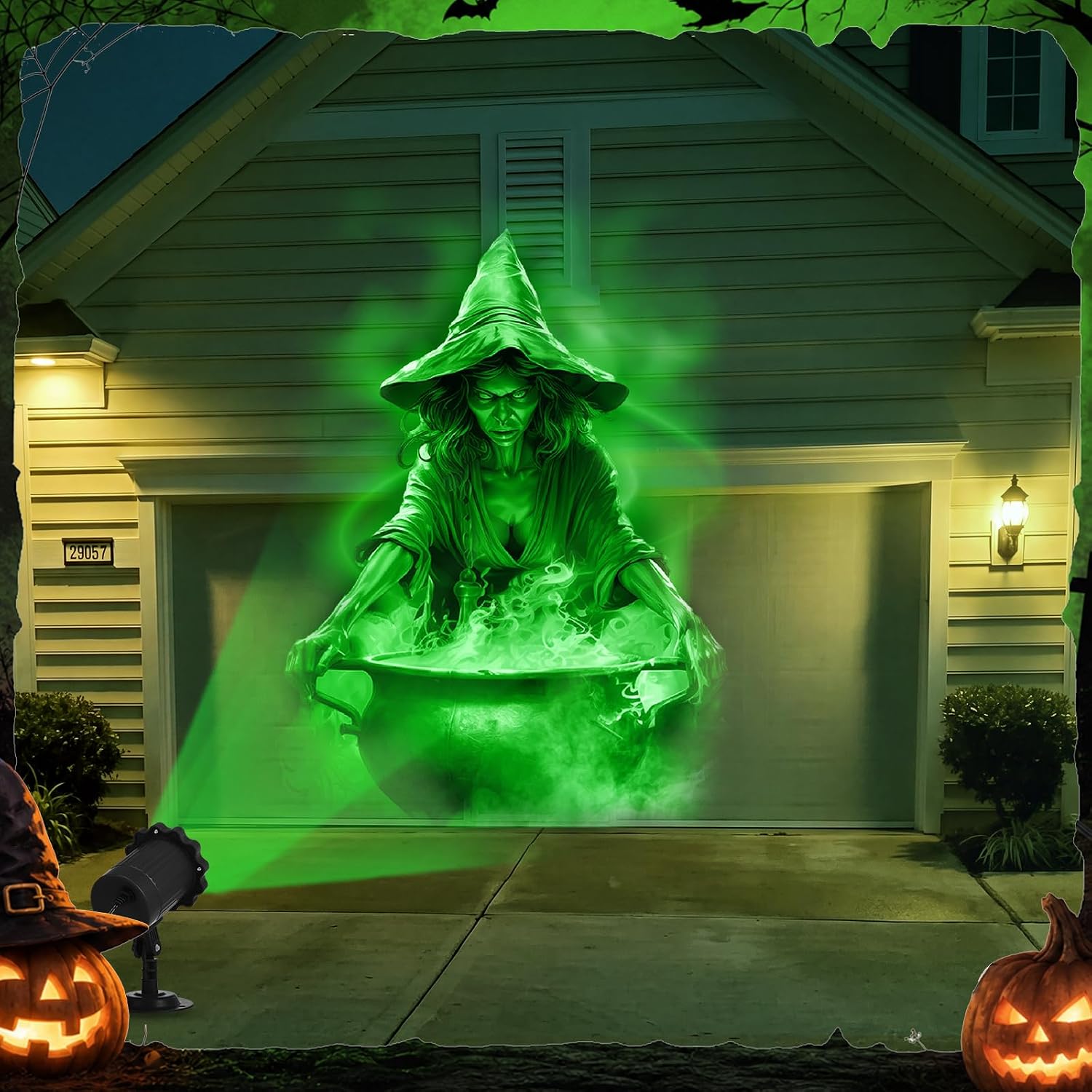 Halloween Projector Outdoor Light Decoration, Witch and Cauldron | Green Dynamic Halloween Projector, Spooky Decor