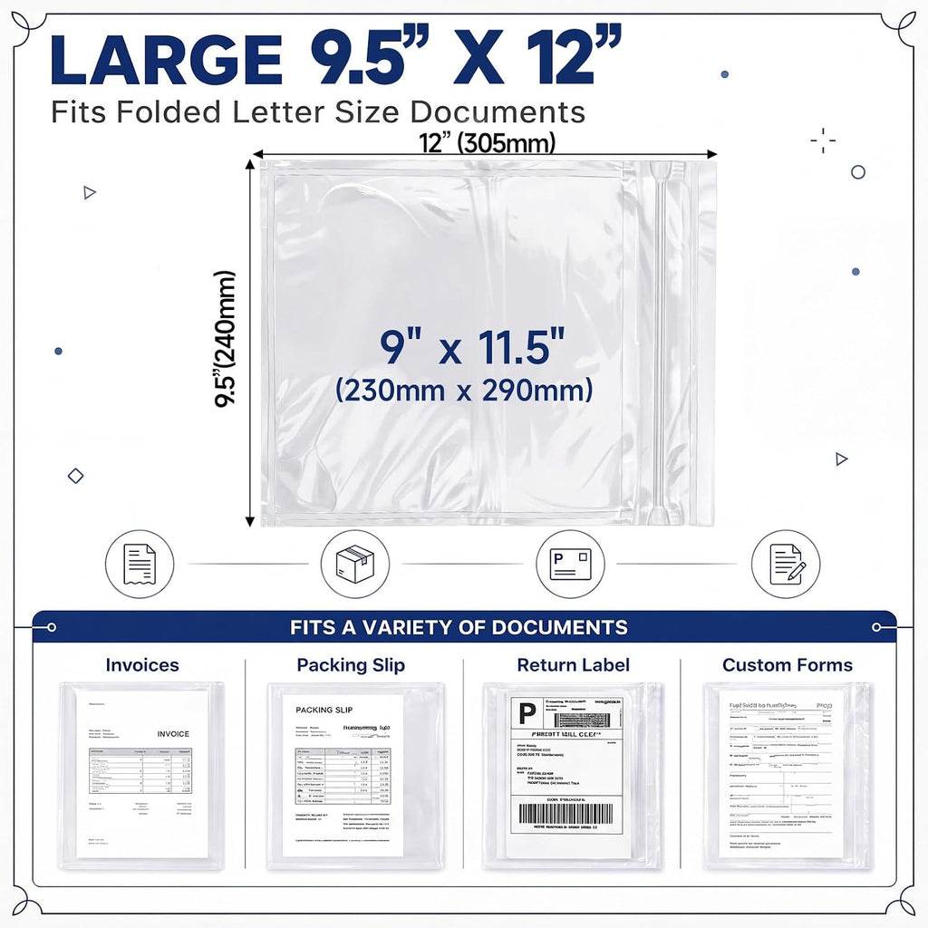 100 Pcs 9.5" x 12" Resealable Packing List Envelopes Self-Adhesive
