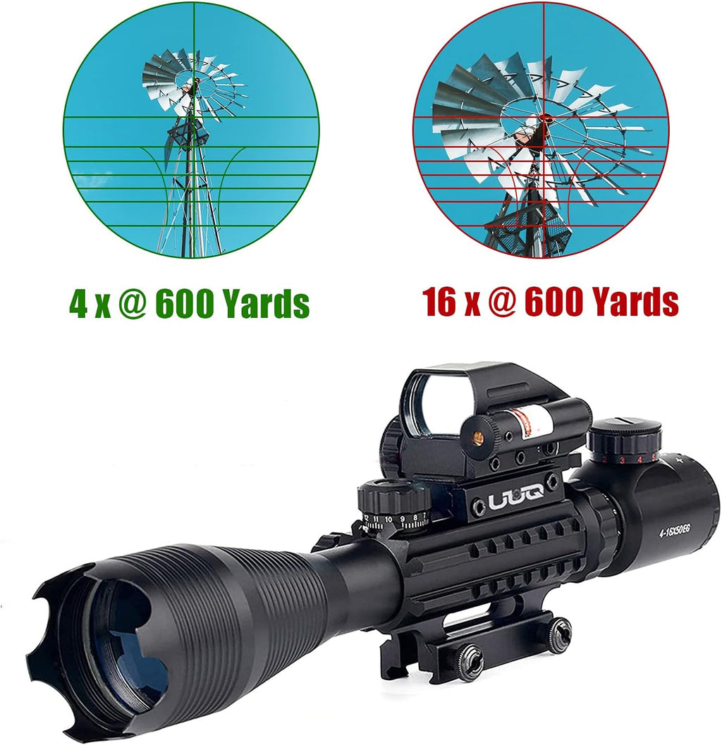 4-16x50 Tactical Rifle Scope Red/Green Illuminated Range Finder Reticle W/Laser Sight and Holographic Reflex Dot Sight