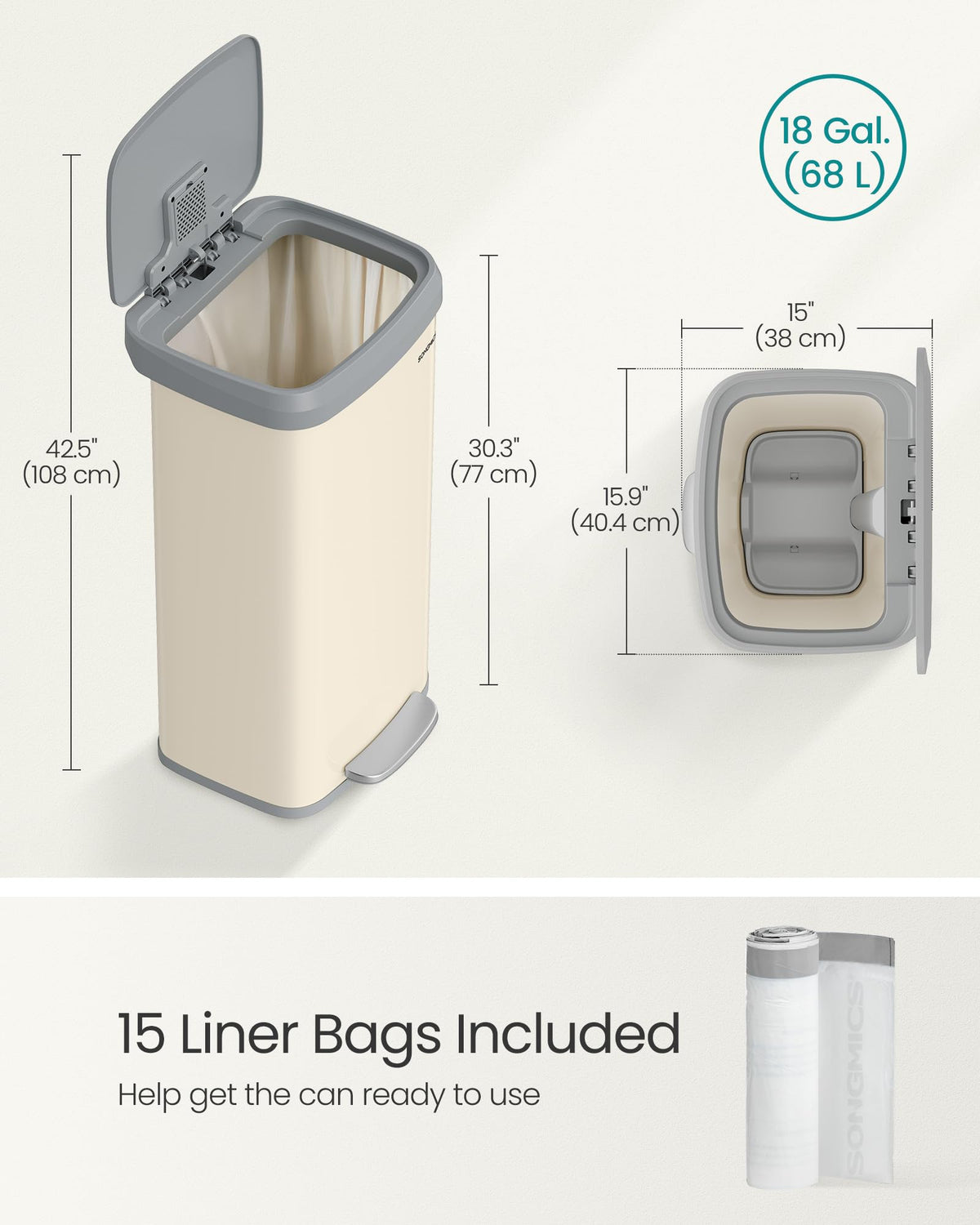 Kitchen Trash Can, 18-Gallon (68 L) Stainless Steel, Soft Closure
