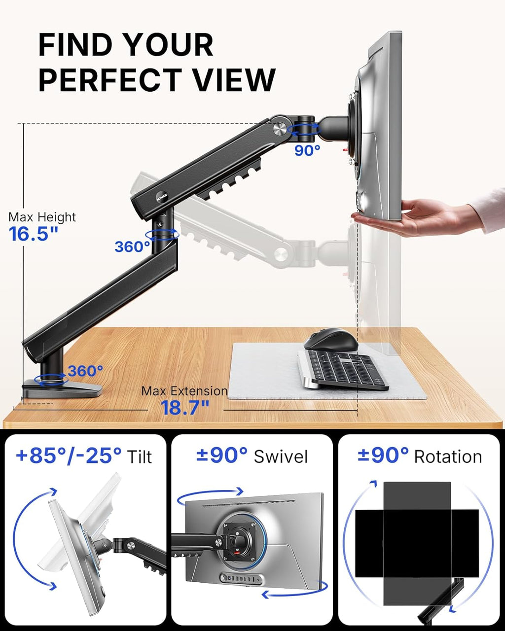 FlowLift Pro Monitor Arm for 13–32" Screens, MechaSpring Monitor Mount, Fully-Adjustable Monitor Stand with
