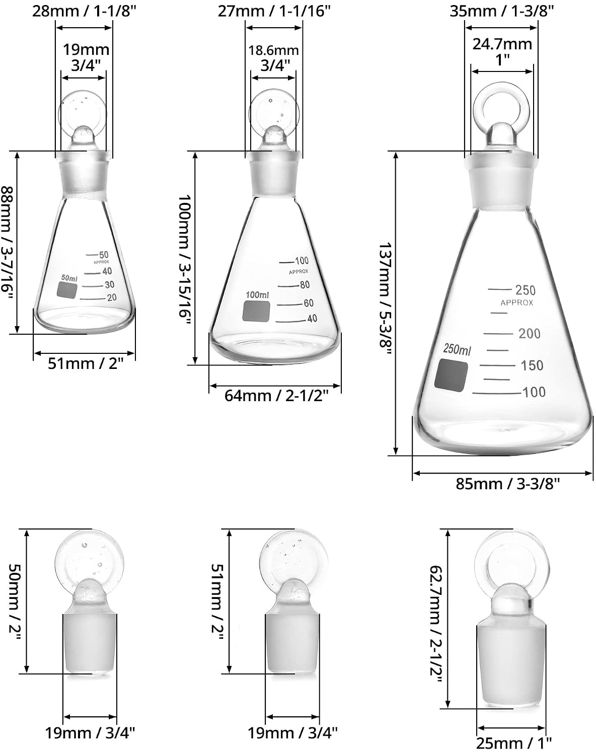 Borosilicate 3.3 Glass Erlenmeyer Flask Set (50, 100 and 250ml), 3 x Graduated Conical Flask with Glass Stopper for