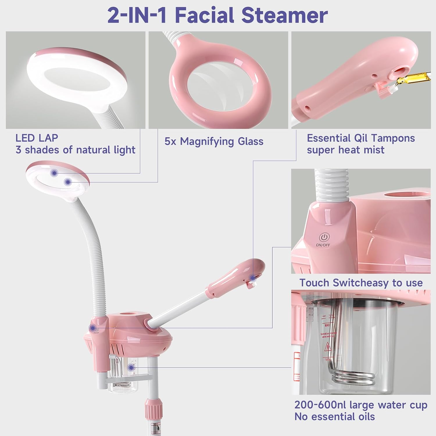 Professional Facial Steamer with 5X Magnifying Lamp,Face Steamer on Wheels | Ozone Facial Steamer for Facial Deep