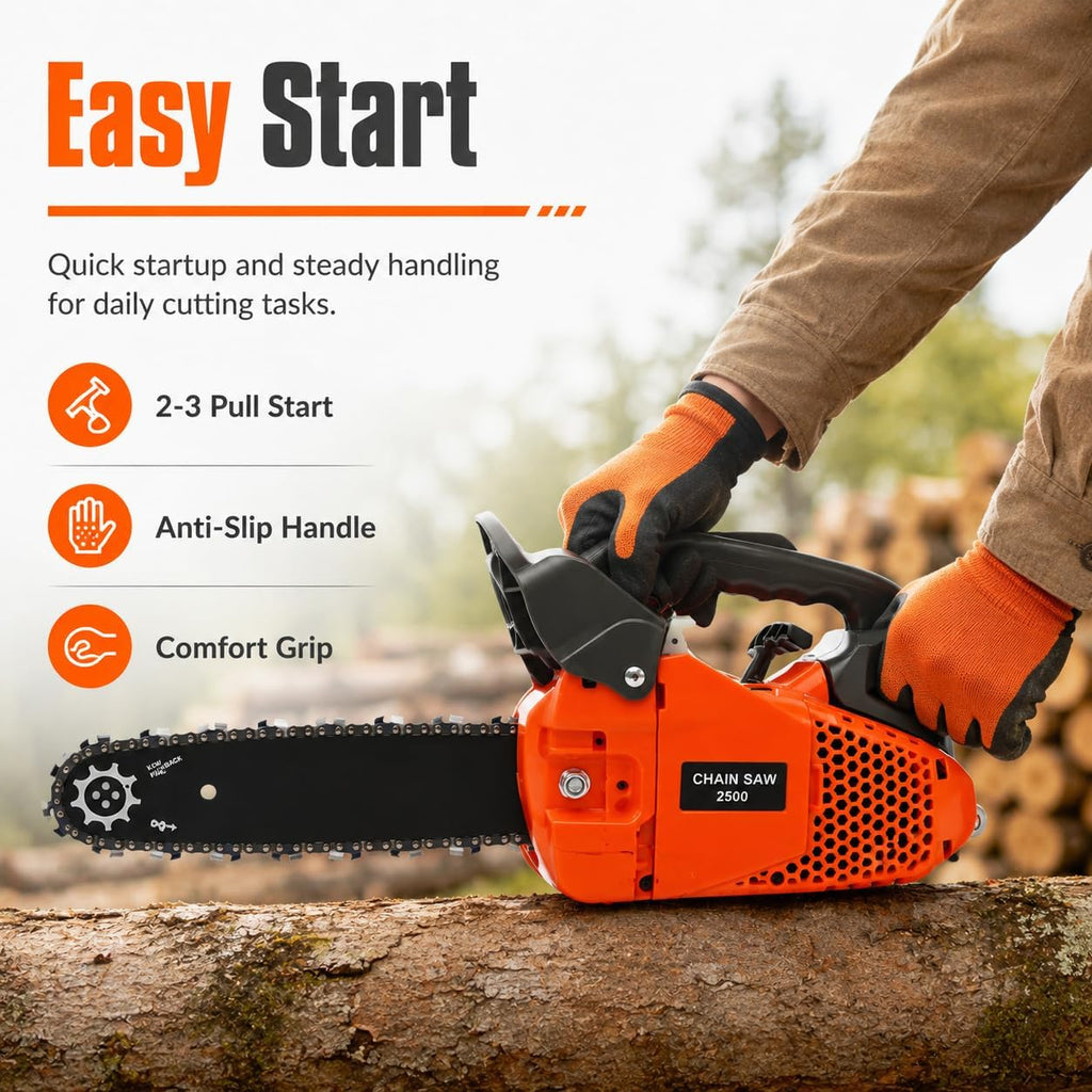 12 Inch Top Handle Chainsaw 25.4CC 2-Cycle Small Gas Chainsaw | Handheld Cordless Lightweight Petrol Chain Saw with