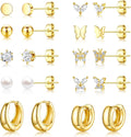Small Gold Stud Earrings Set for Women - 14K Gold Plated CZ Huggie Hoops Hypoallergenic Earrings Dainty Flower Heart