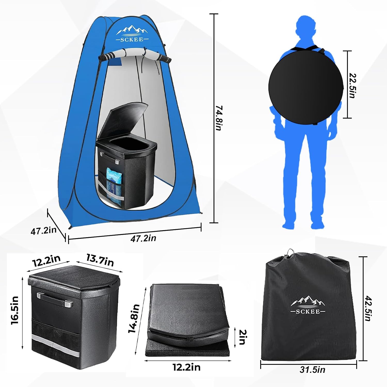 16.5'' Camping Toilet with Pop-Up Privacy Tent Set, XL Portable Toilet for Camping, Outdoor Showers Changing Rooms