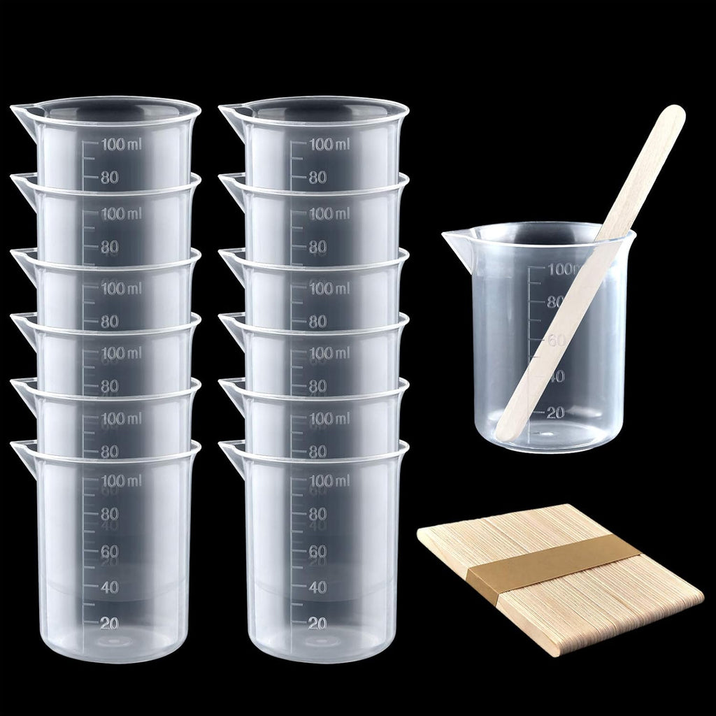 12 Pack 100ml/3.4oz Plastic Beakers Epoxy Mixing Cups, Plastic Graduated Cups Clear Multipurpose Measuring Cups with