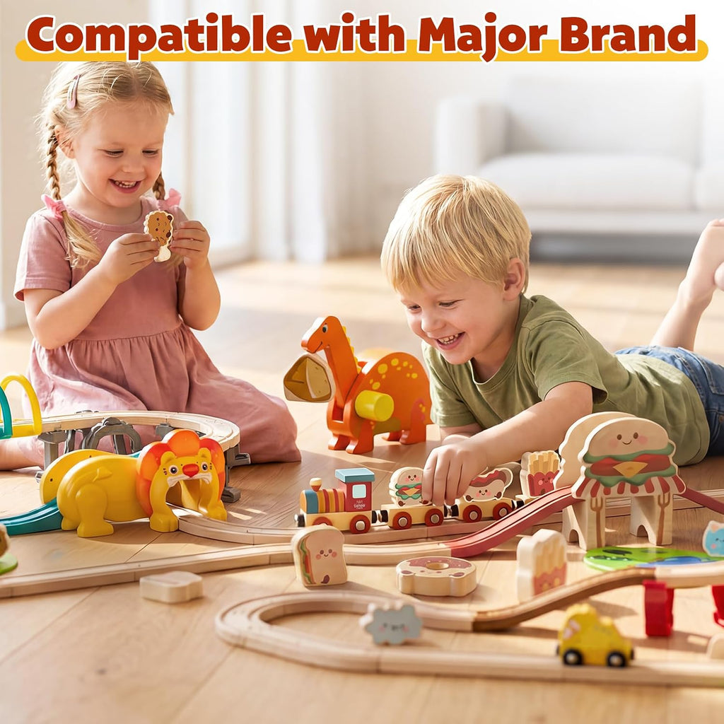 Wooden Train Set for Toddlers, Burger-Themed Train Track Set | Expandable Wooden Railway Playset, Compatible with