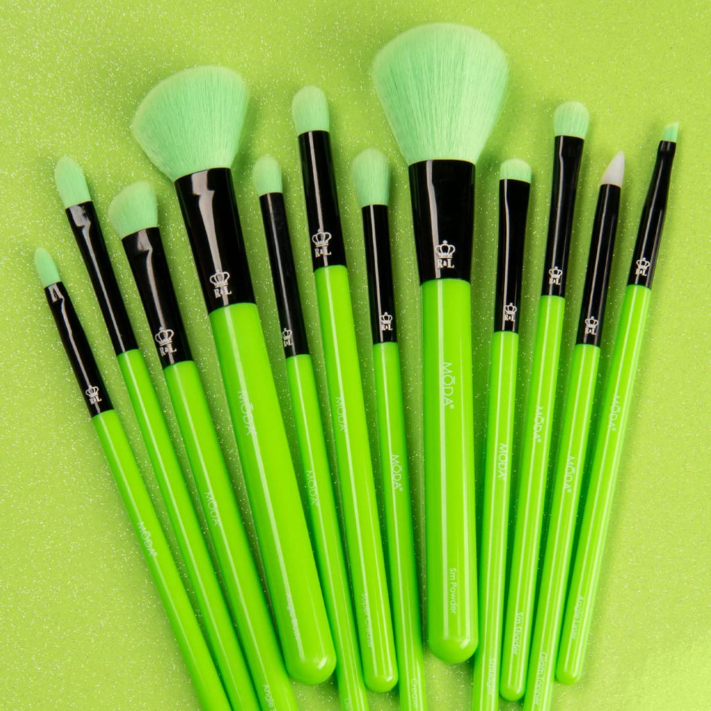 Neon Green Makeup Brush Set, 12pc Vegan Face and Eye Brush Kit