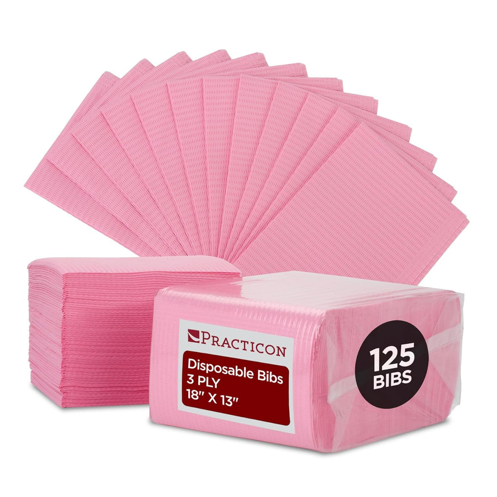 125 Pack Pink Disposable Patient Bibs, 18" x 13", 3 Ply Waterproof Paper Bib Sheet with Poly Back, Dental, Medical