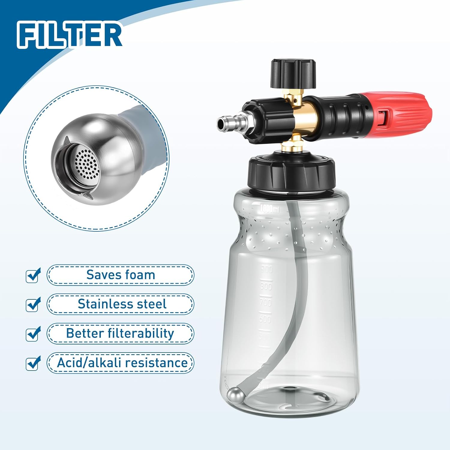 Foam Cannon for Pressure Washer, 1L Thick Foam Lance Soap Dispenser for Car Washing with Adjustable Thick Foam with