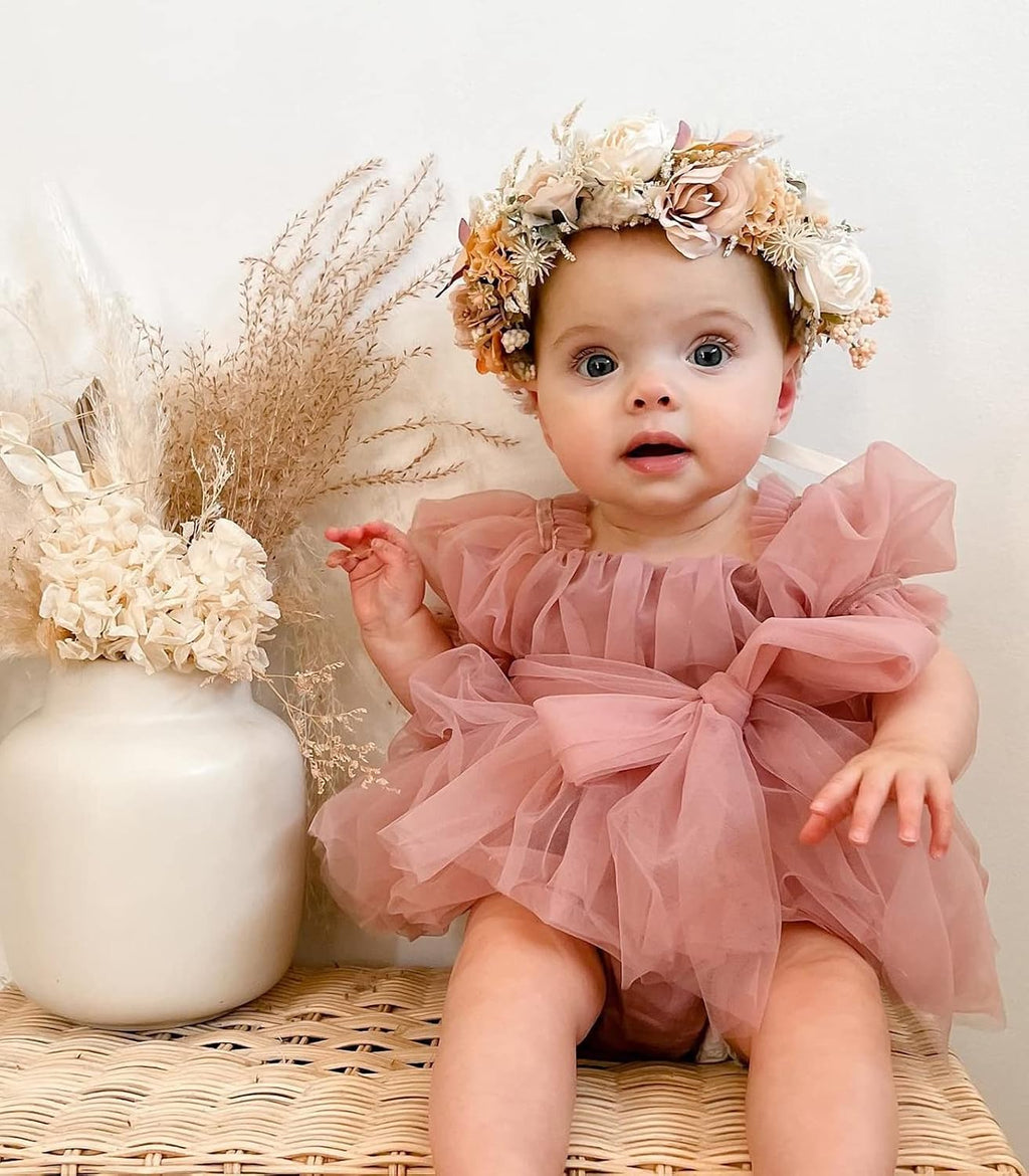 Baby Girl Tulle Dress Romper Sleeveless Onesie Knot Front Pleated Bodysuit Newborn Mesh Princess Outfits