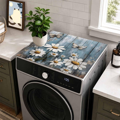 Vintage Daisy Washer Dryer Top Protector Mat Non Slip, Farmhouse Flower Butterfly Wooden 27" x 27" Dustproof Washing Machine Topper Cover Pad for Kitchen Laundry Room Appliance Countertop Protectors