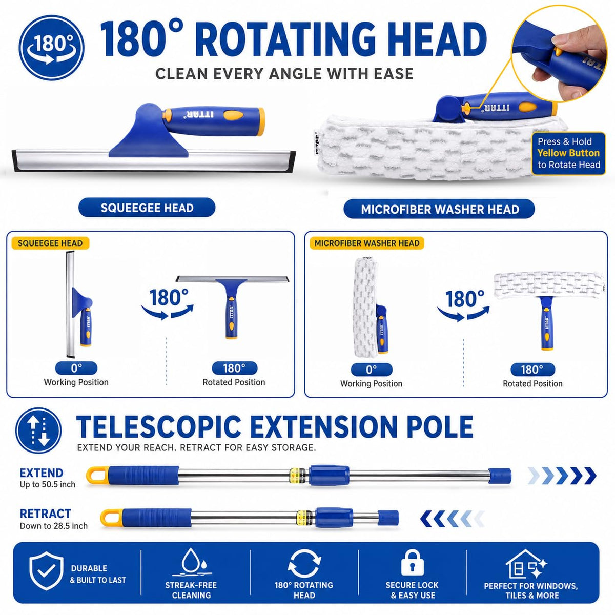 Window Squeegee Cleaning Kit with 60" Extension Pole & Rotatable Head