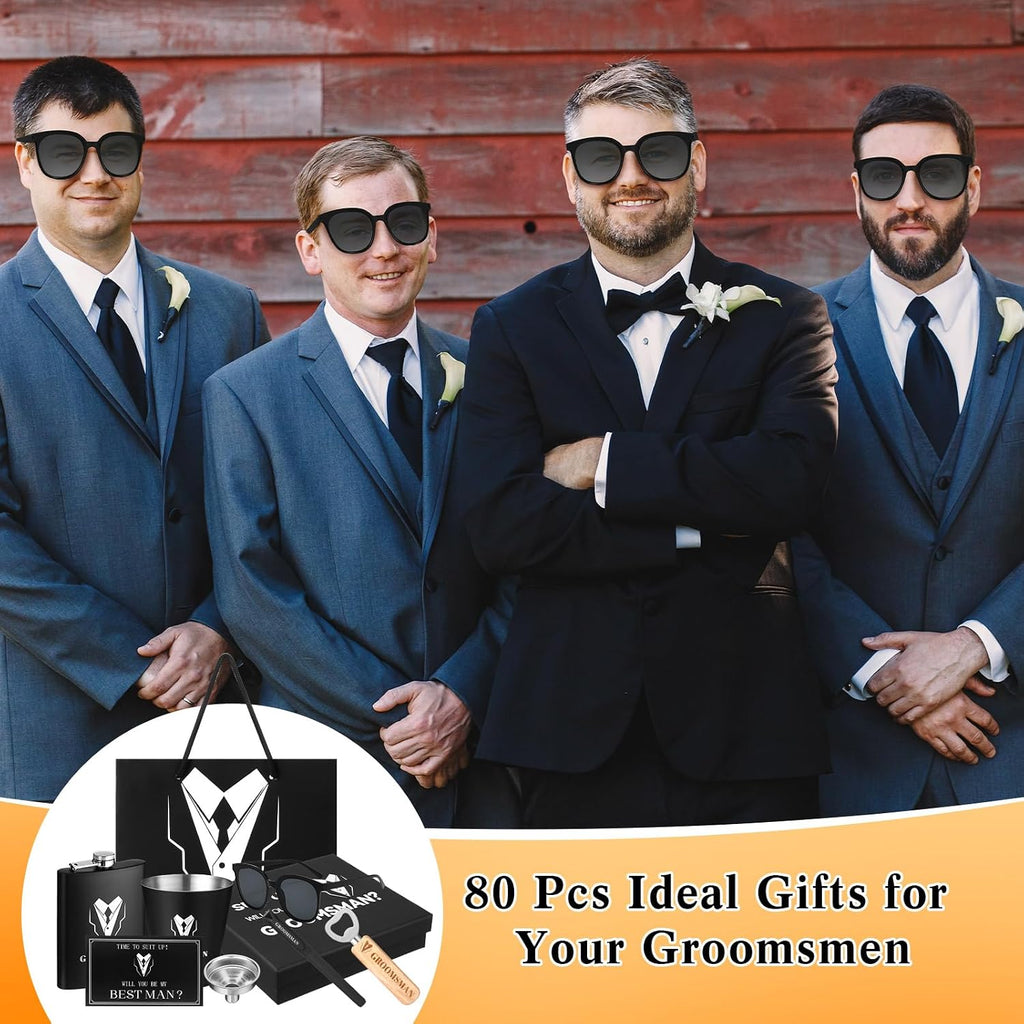 80 Pcs Groomsmen Gifts Set of 8, Groomsmen Proposal Gift Set, 8 Flask and 16 Stainless Steel Shot Glass 8 Wood Bottle