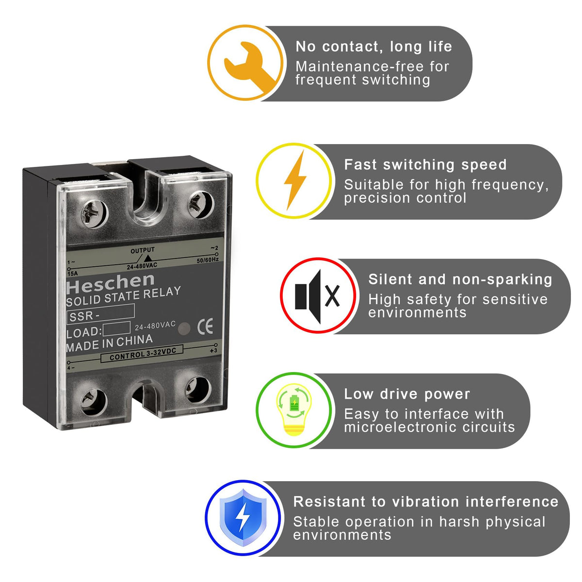 Heschen Single Phase DC/AC Solid State Relay, SSR-15DA, Input 4-32VDC, Output 24-480VAC, 15A 50-60Hz