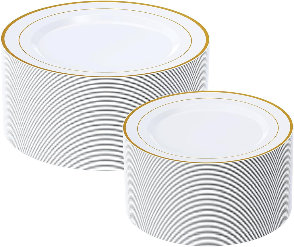 Gold Plastic Plates Set of 60, Disposable Plates with Gold Rim
