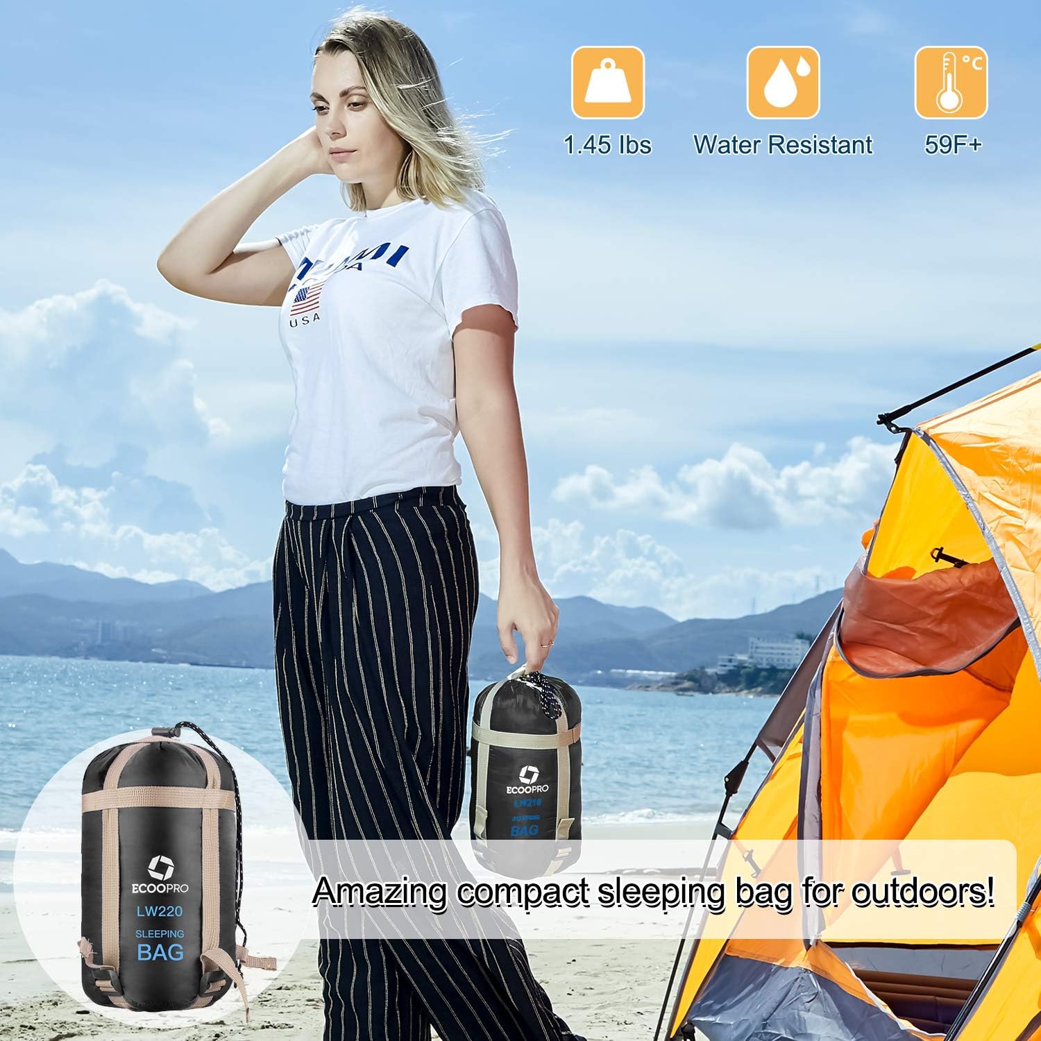 Warm Weather Sleeping Bag - Portable, Waterproof, Compact Lightweight, Comfort with Compression Sack - Great for