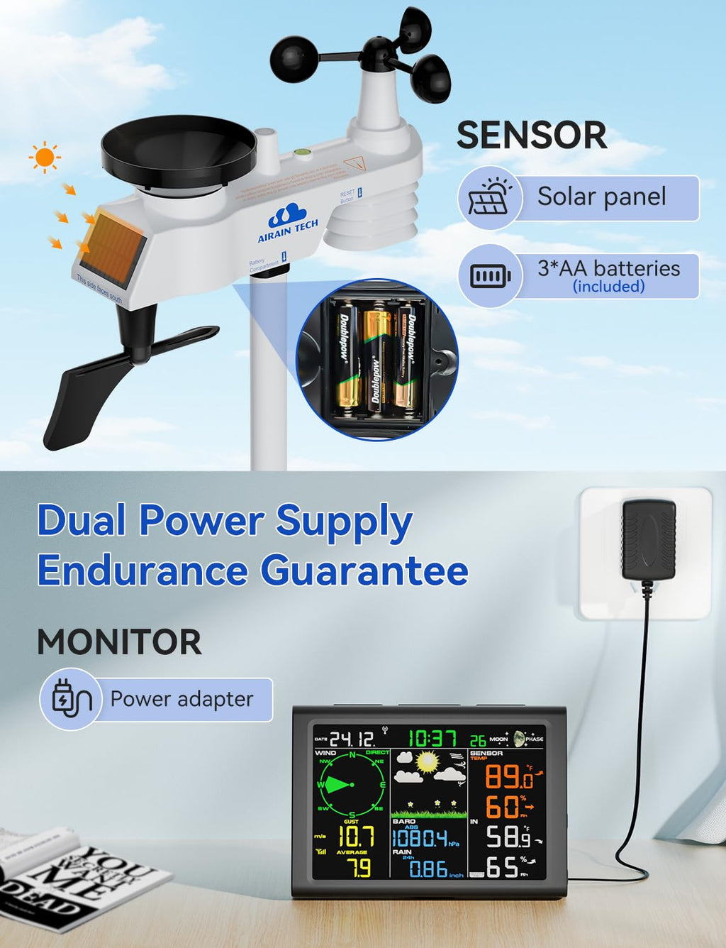 Wireless Weather Station with Outdoor Wireless Sensor,Radio Controlled Clock,Rain Gauge,Wind Speed/Direction,Moon