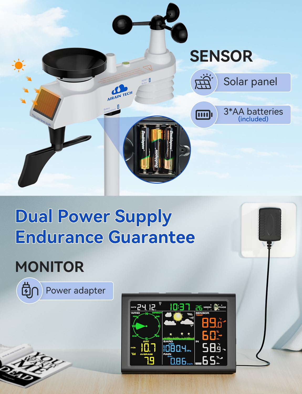 Wireless Weather Station with Outdoor Wireless Sensor,Radio Controlled Clock,Rain Gauge,Wind Speed/Direction,Moon