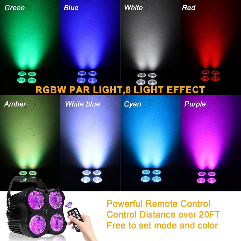 DJ Par Lights, RGBW LED Par Light | Sound Activated and Remote, DMX Stage Uplighting for Event Wedding Church