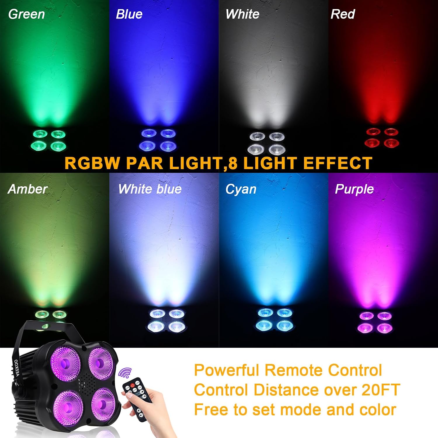 DJ Par Lights, RGBW LED Par Light | Sound Activated and Remote, DMX Stage Uplighting for Event Wedding Church