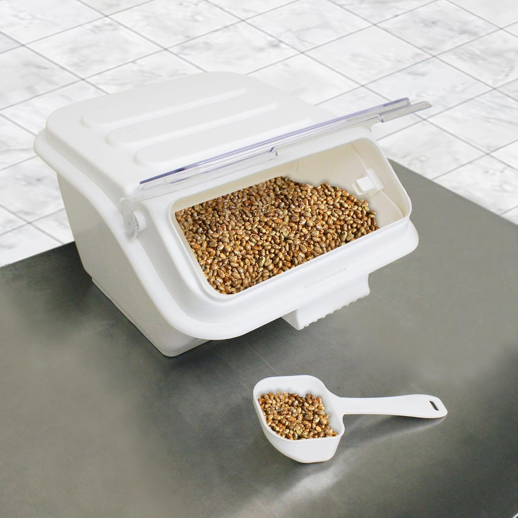 2 Gallon Shelf Ingredient Bin (40 Cups) White Storage Container with Clear Flip Top Lid &Measuring Scoop-Stackable