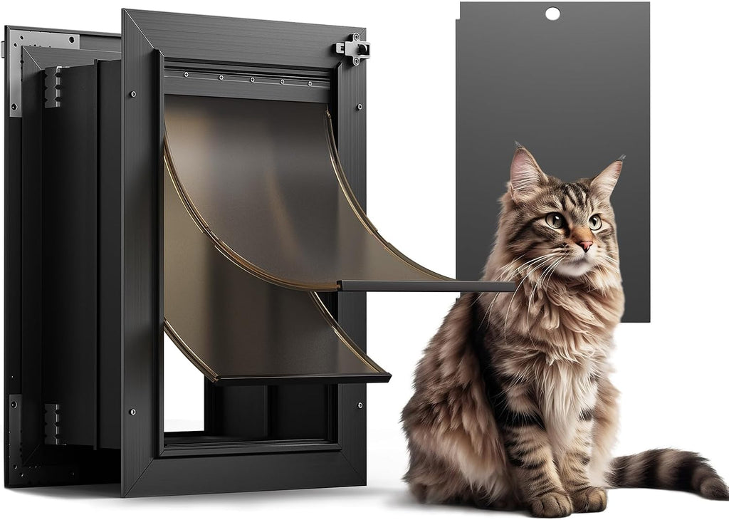 Cat Door for Wall, All Aluminum Doggy Doggie Pet Door Small Dog Door, With Closing Panel, 2 Magnetic Flaps Energy