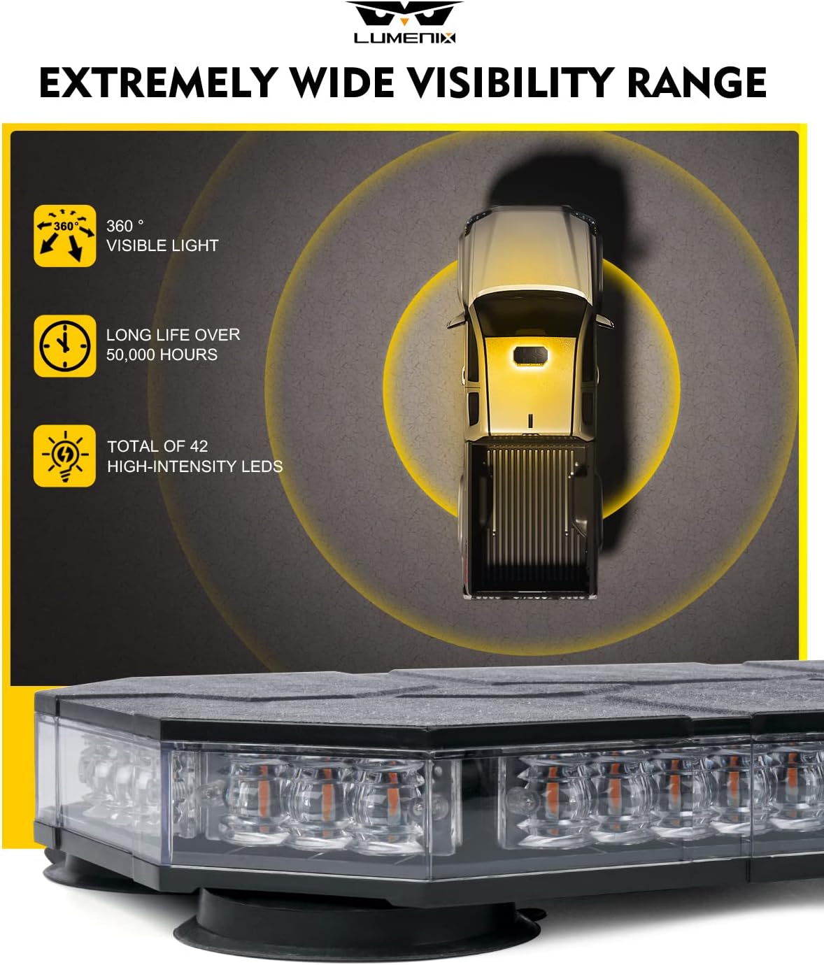 Amber LED Rooftop Strobe Beacon Lights Bar with Controller | Magnetic Emergency Warning Flashing Light for