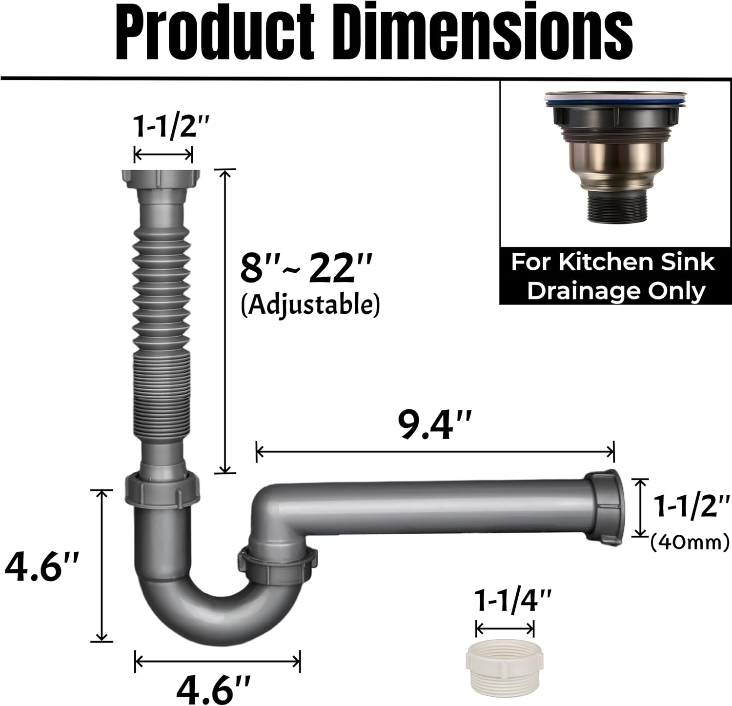 Flexible Sink Drain Kit, 1-1/2 In Expandable P-Trap For Wall Outlet | 1-1/4 In Adapter Included, Tool-Free Setup