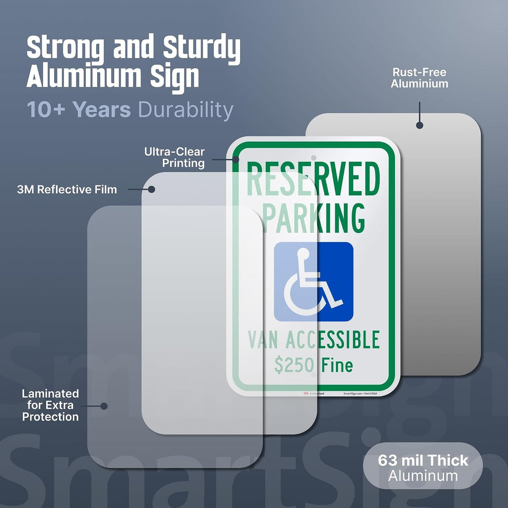 "Reserved Parking - Van Accessible, $250 Fine" Handicap Parking Sign | 12" x 18" 3M Engineer Grade Reflective Aluminum