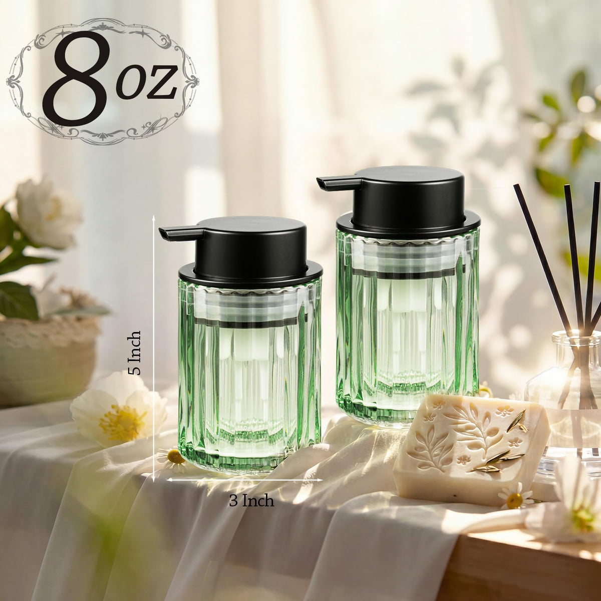 Foam Soap Dispenser, 8oz Green Glass Refillable with Black Pump, 1 Pack