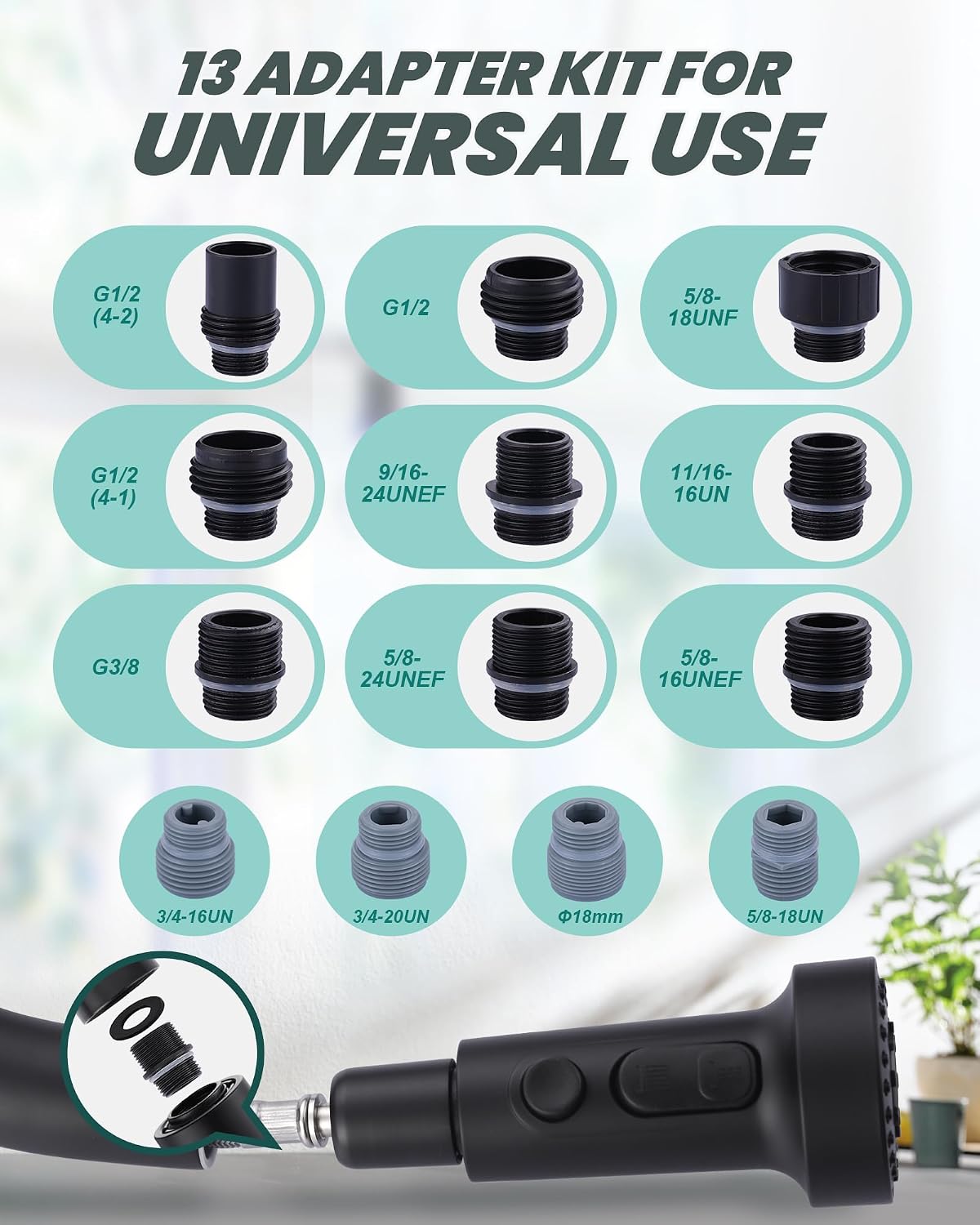 Pull Down Kitchen Faucet Head Replacement with 13 Adapters, 3 Modes