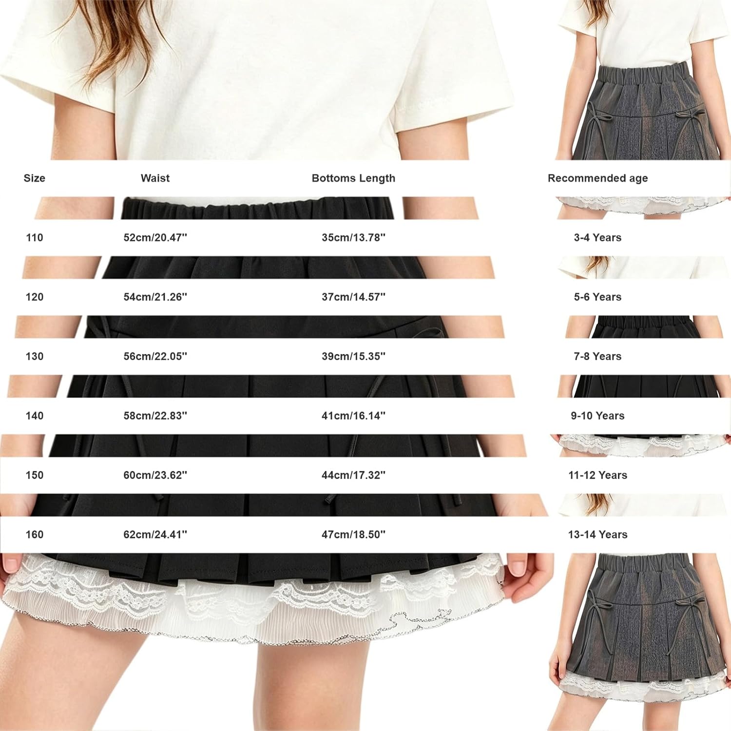 Girls Pleated Skirt Lace Hem Elastic Waist Uniform Teens Comfort School Kids Clothes with Bow
