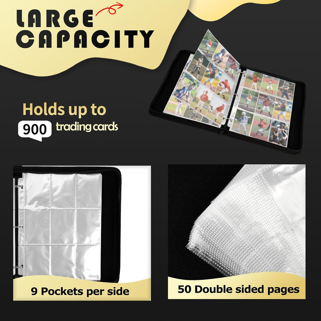 9-Pocket Trading Card Binder, PU Leather Zip Card Binder Album Holds 900 Cards for TCG, Sports Cards, Collectible