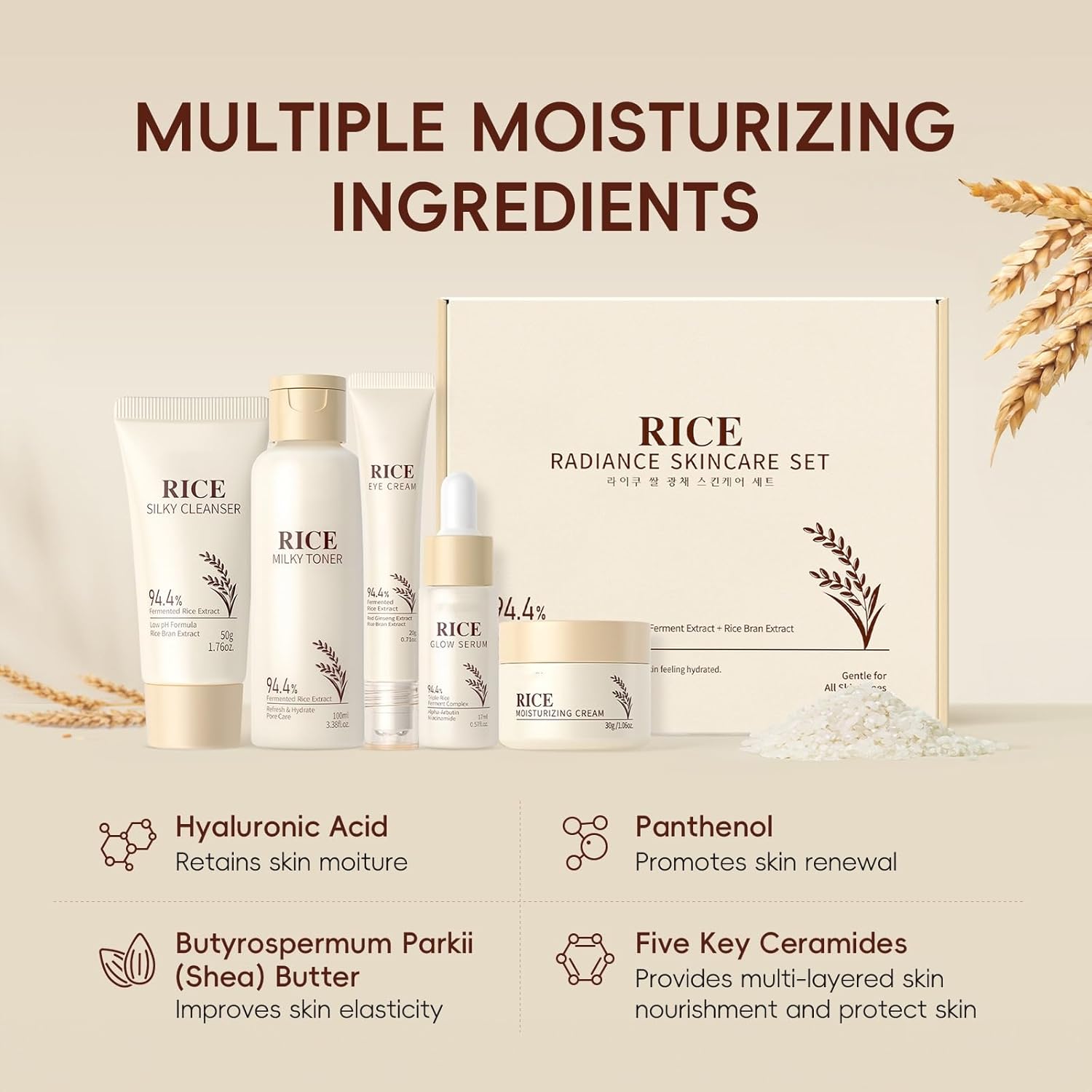 Moisturizing Korean Rice Skin Care Set – Radiance Skincare 5-Step Routine with Rice Cleanser, Toner, Serum, Face