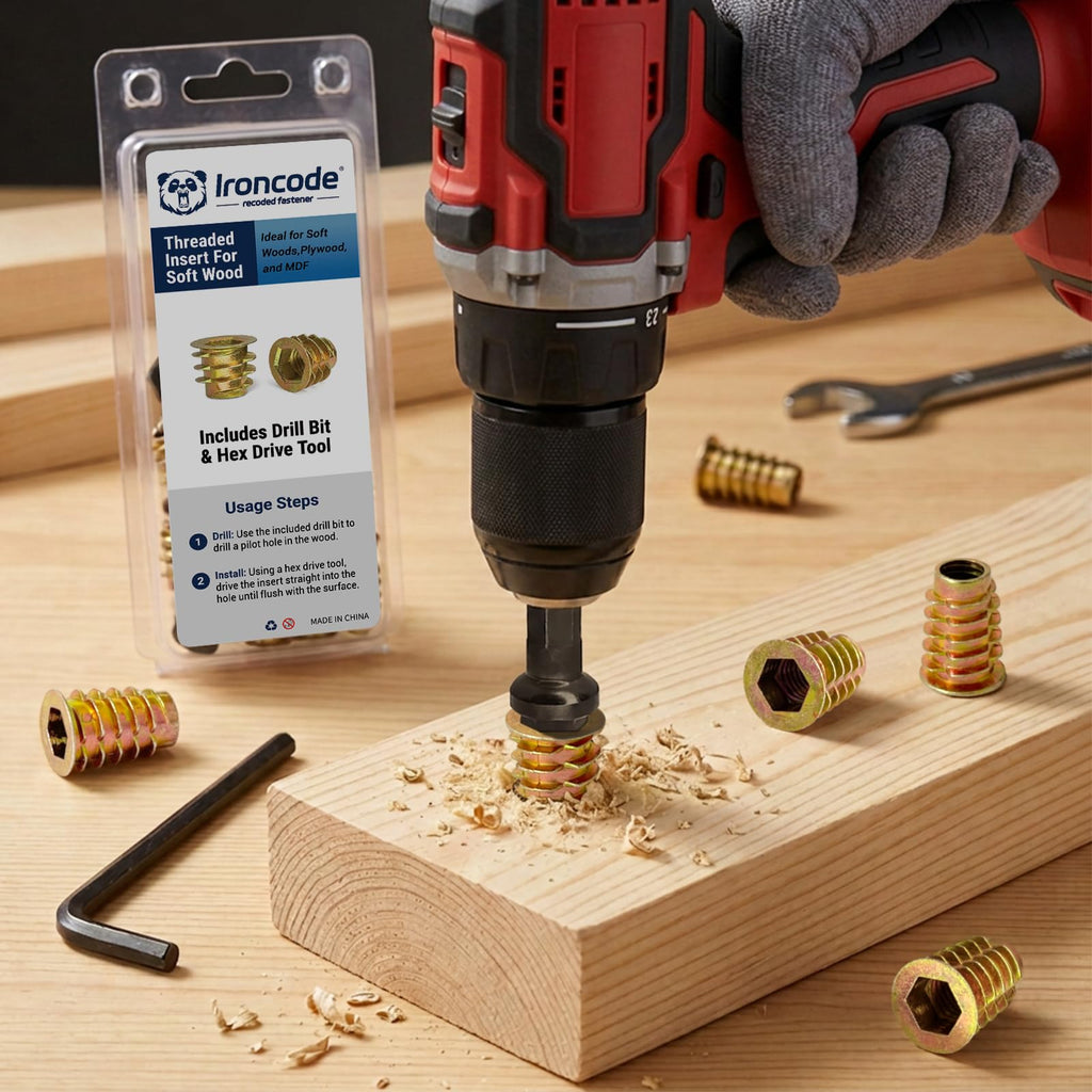 Threaded Inserts for Soft Wood, Installation Kit, Includes 10-24 x 10mm Thread Inserts (15pcs), Drill, Drive Tool