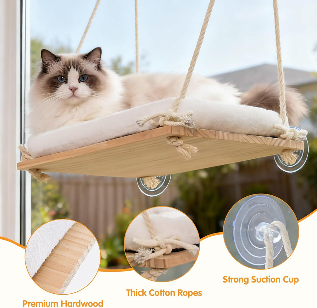 Cat Window Perch, Window Hammock for Cats with Solid Wood Seat 4 Heavy Duty Suction Cups, Plush Cushion, Indoor Cat Bed
