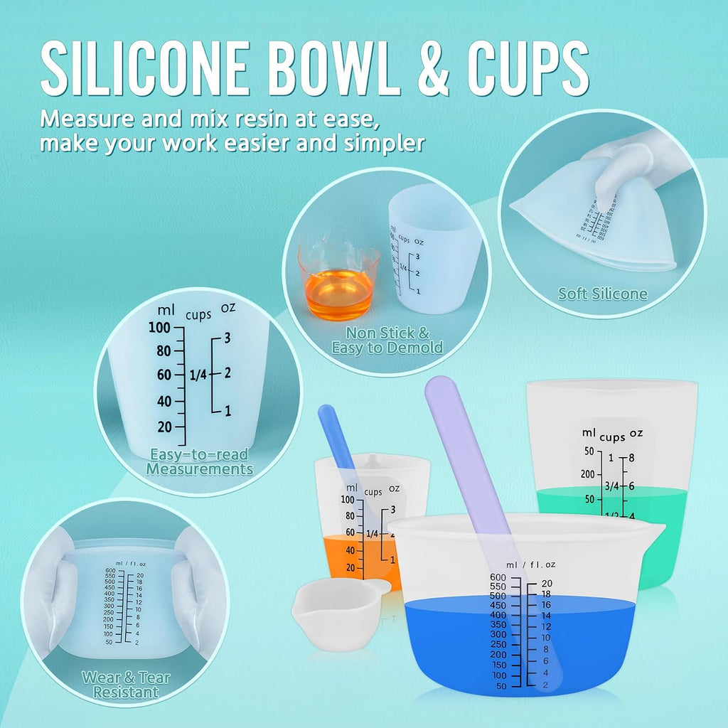 Silicone Resin Mixing Measuring Cups for Resin Supplies, Easy-to-Read Marks, 600ml/20oz Bowl, 250&100ml Thickened