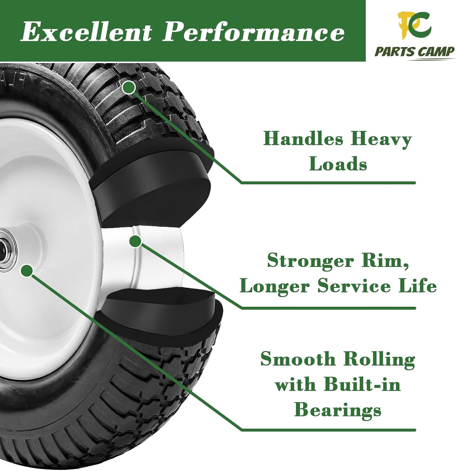 4.80/4.00-8" Flat Free Wheelbarrow Tire and Wheel - 16" Universal Fit for Garden Wagon, Cart, Trolley, Dolly - 5/8" &