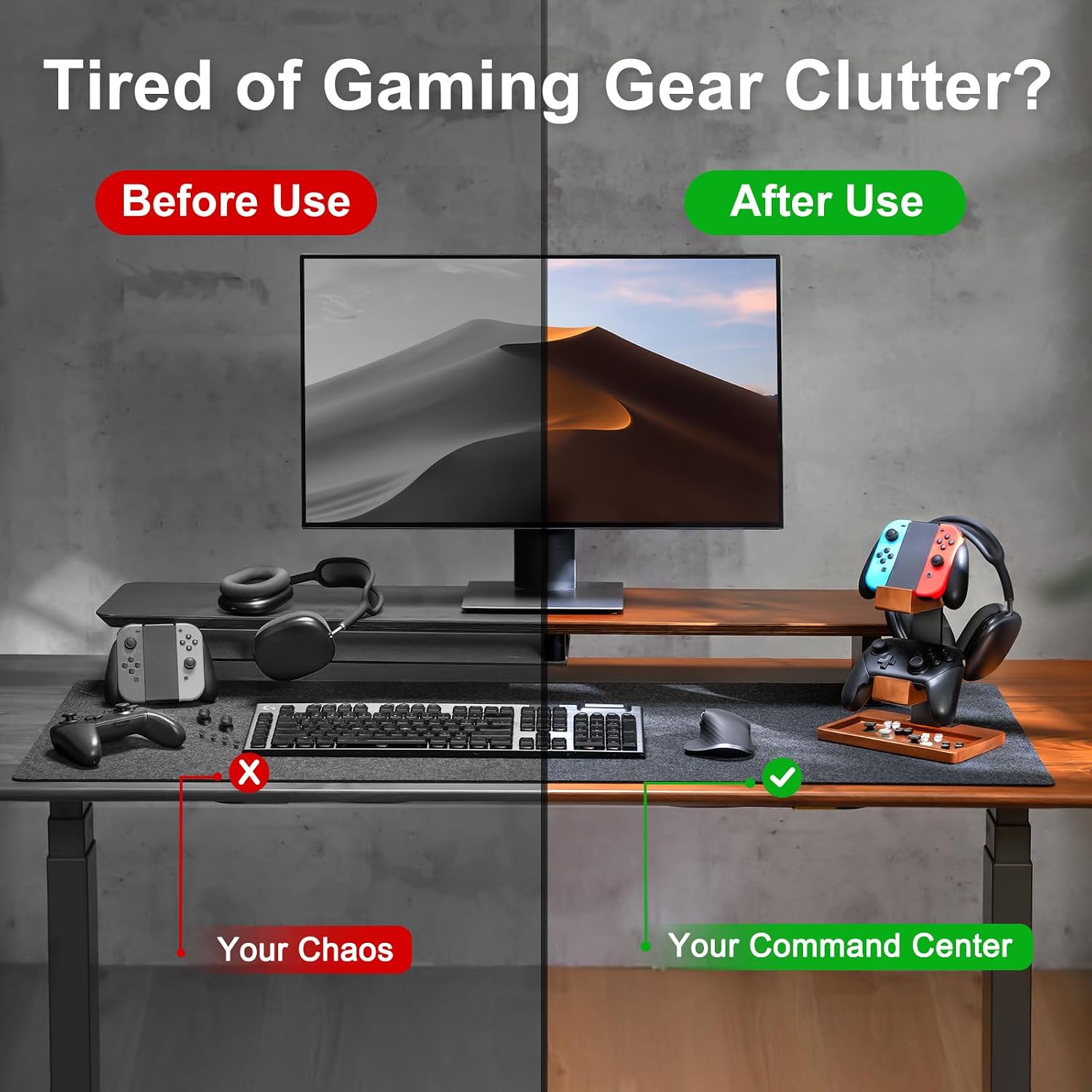 Solid Wood Controller Holder and Headphone Stand, Controller Stand for Desk | Dual Gaming Controller Organizer Rack