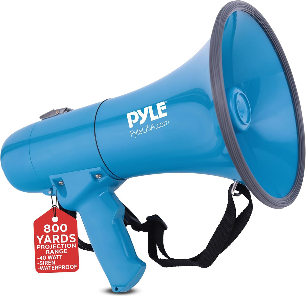Portable Megaphone Bullhorn Speaker–50W Waterproof PA Loudspeaker with Built-In Siren, Adjustable Volume & Tone